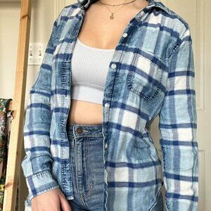 American Eagle Blue Denim Striped cCheckered Print Western Button up XS